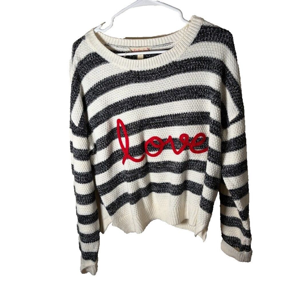 It's Our Time Sweater Junior's XL Striped Love Embroidered Round Neck Pullover